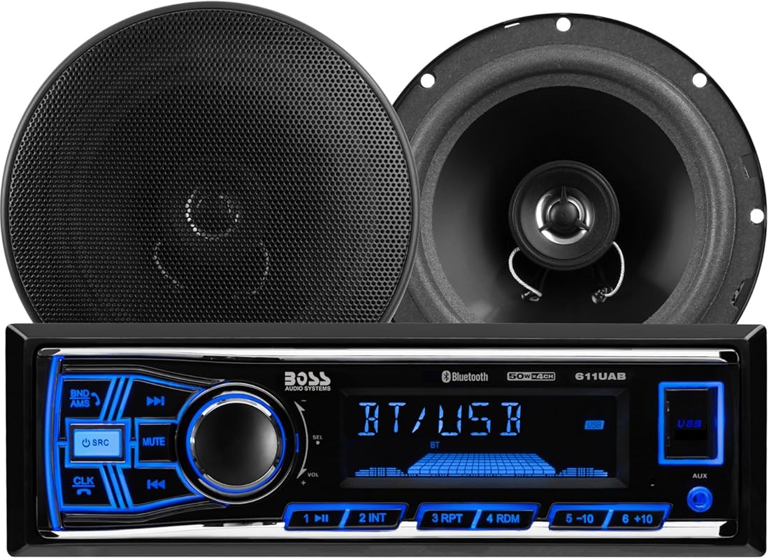 BOSS Audio 638BCK Single-DIN Car Stereo Package with Bluetooth, USB, A