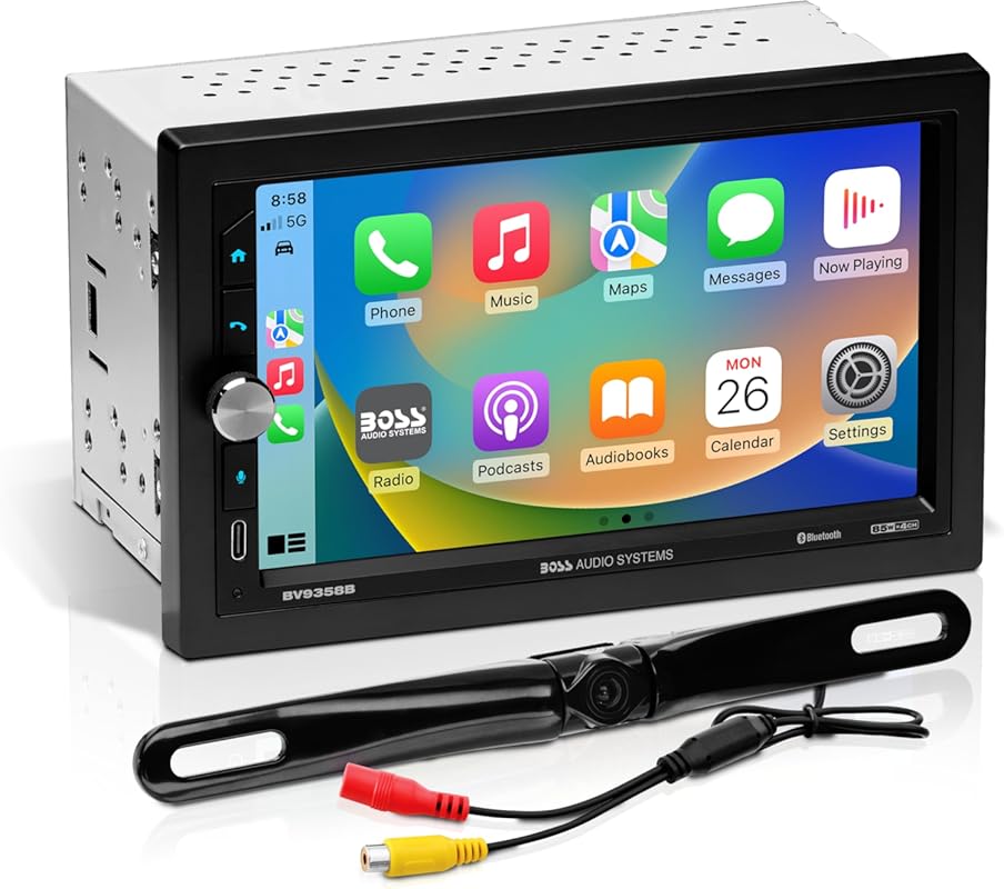 BOSS Double Din Car Stereo with Wireless CarPlay and Android Auto, 7 i