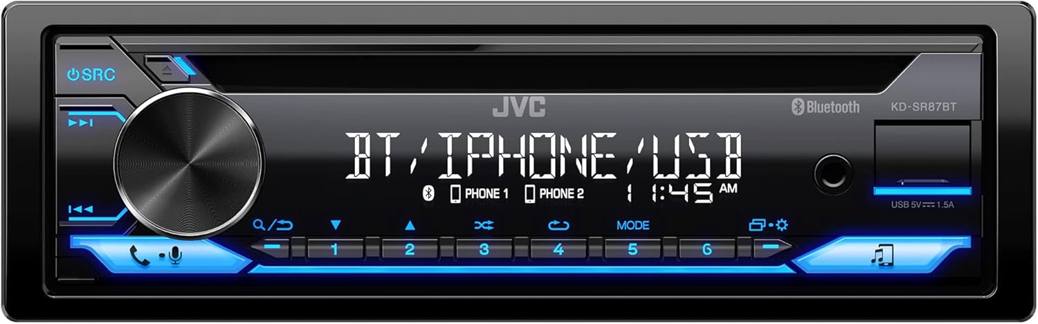 JVC KD-SR87BT Single-DIN Car Stereo with CD, Bluetooth, USB, AM/FM, MP