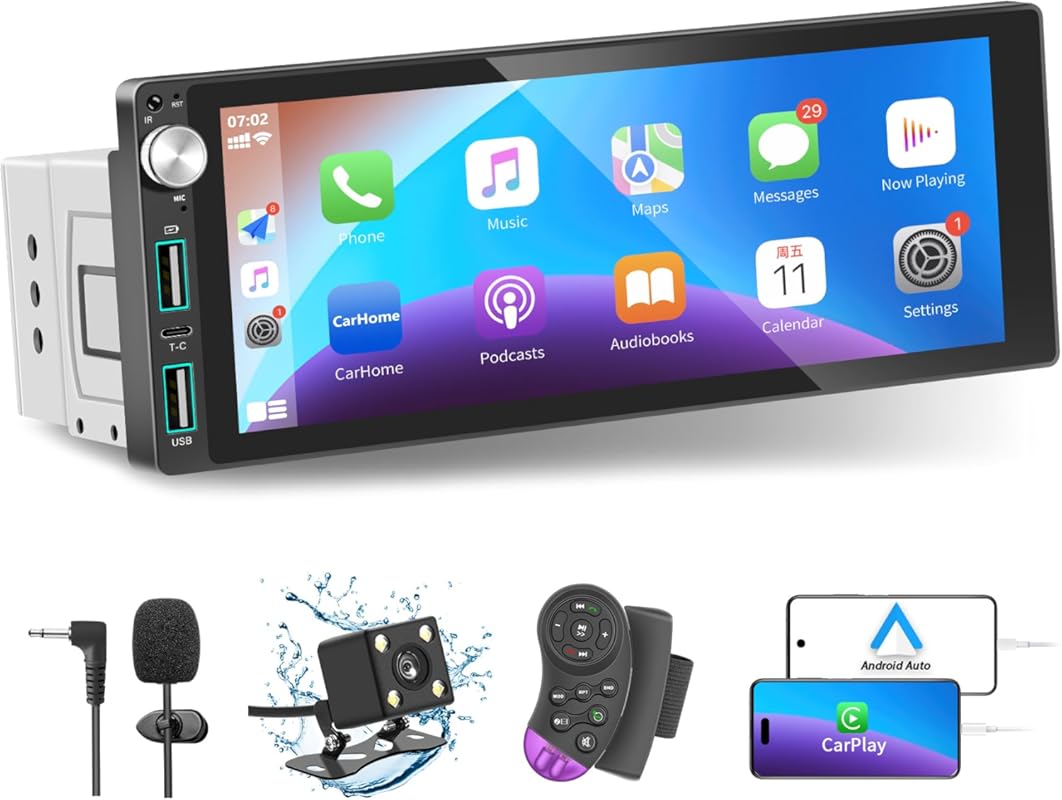 6.9-inch single-DIN car stereo with Apple CarPlay, Android Auto, IPS t