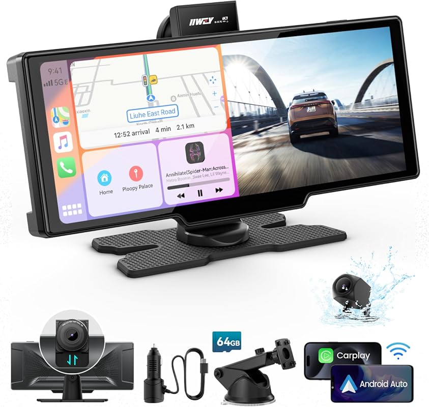 Portable 10-inch wireless Apple CarPlay stereo with Android Auto, touc