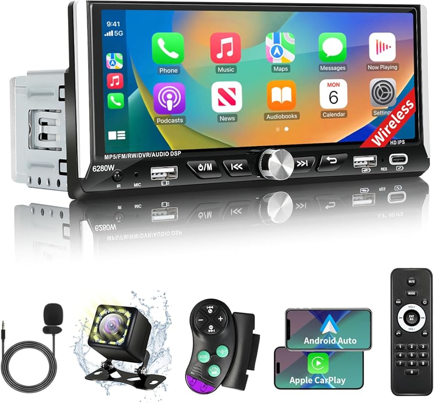 6.9-inch Single Din IPS Touchscreen Car Stereo with Wireless Apple Car