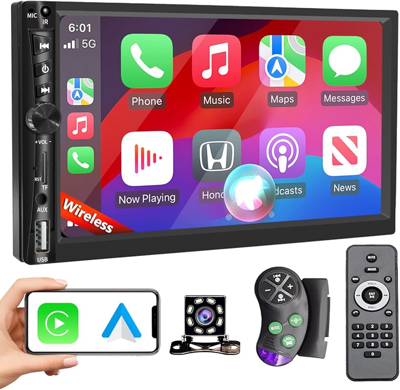Wireless 7-inch double DIN car stereo with Apple CarPlay, Android Auto