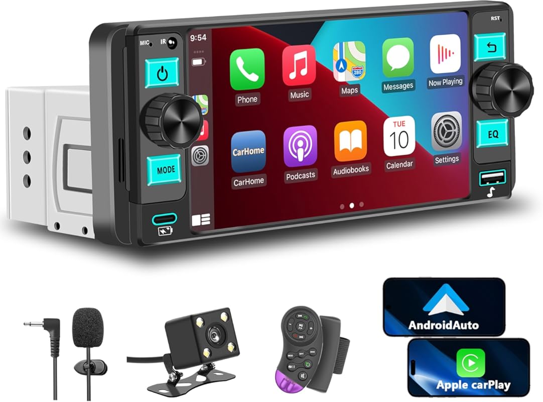 Single din touchscreen car stereo with wireless Apple CarPlay and Andr
