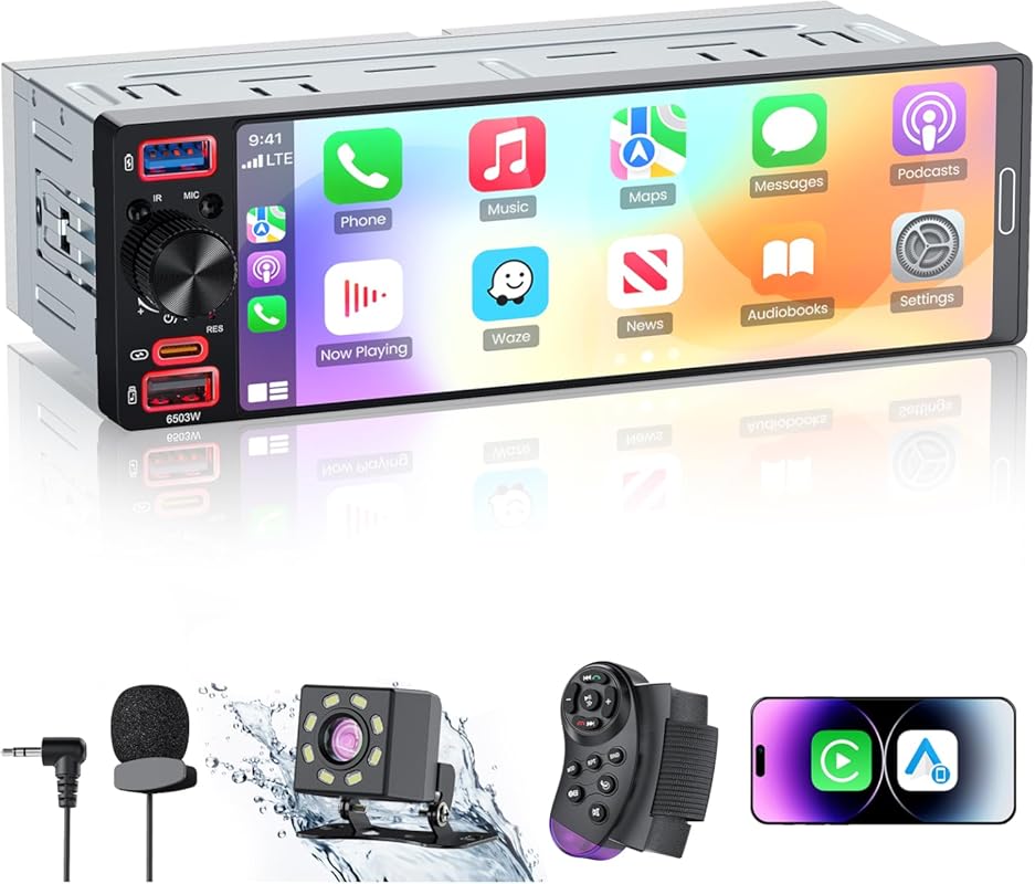 6.5-inch single-DIN car stereo with Apple CarPlay, Android Auto, 1080p