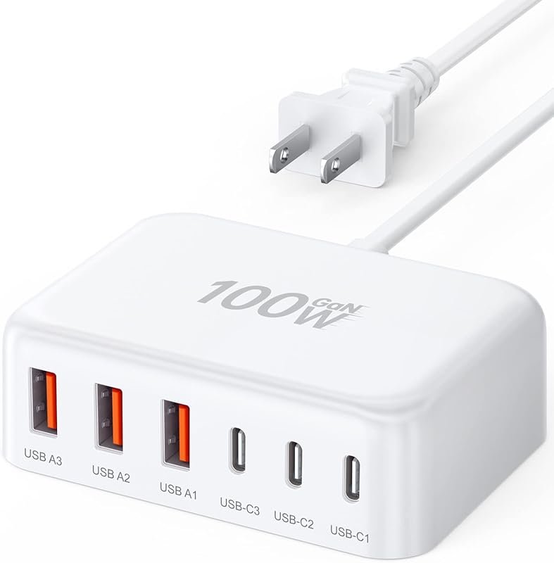 2026 Updated 100W GaN USB C Fast Charger with 6 Ports, Power Strip Ada