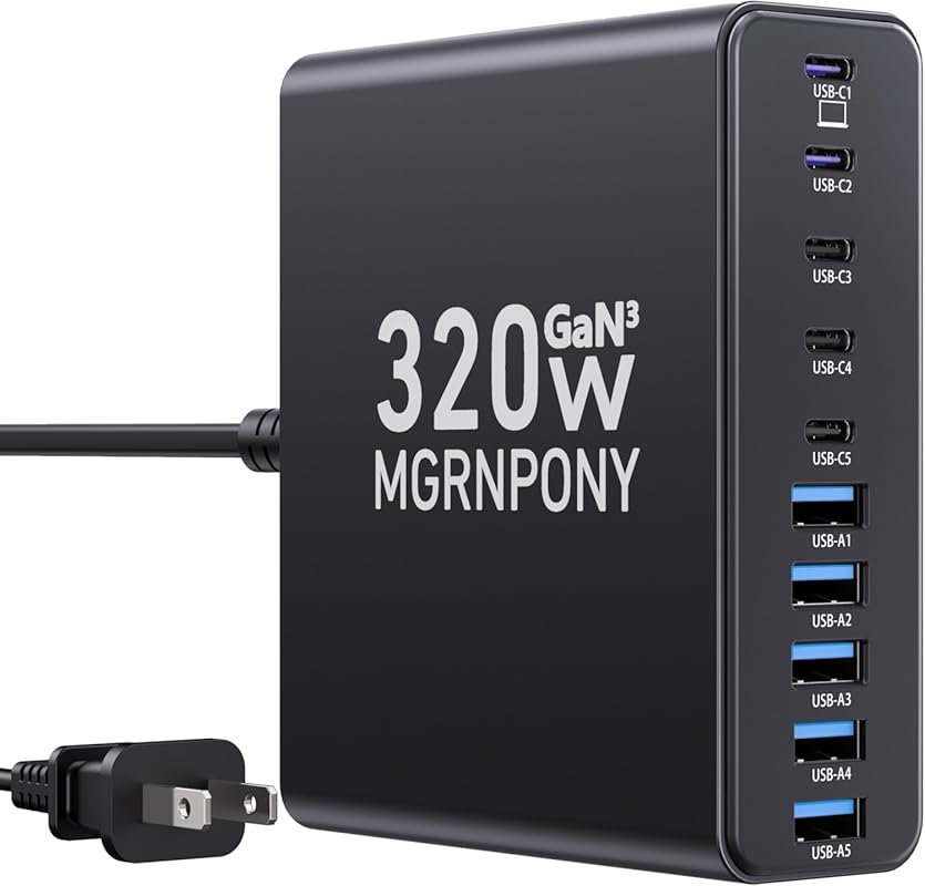 320W GaN III 10-Port USB C Charging Station with PD 65W Laptop Fast Ch
