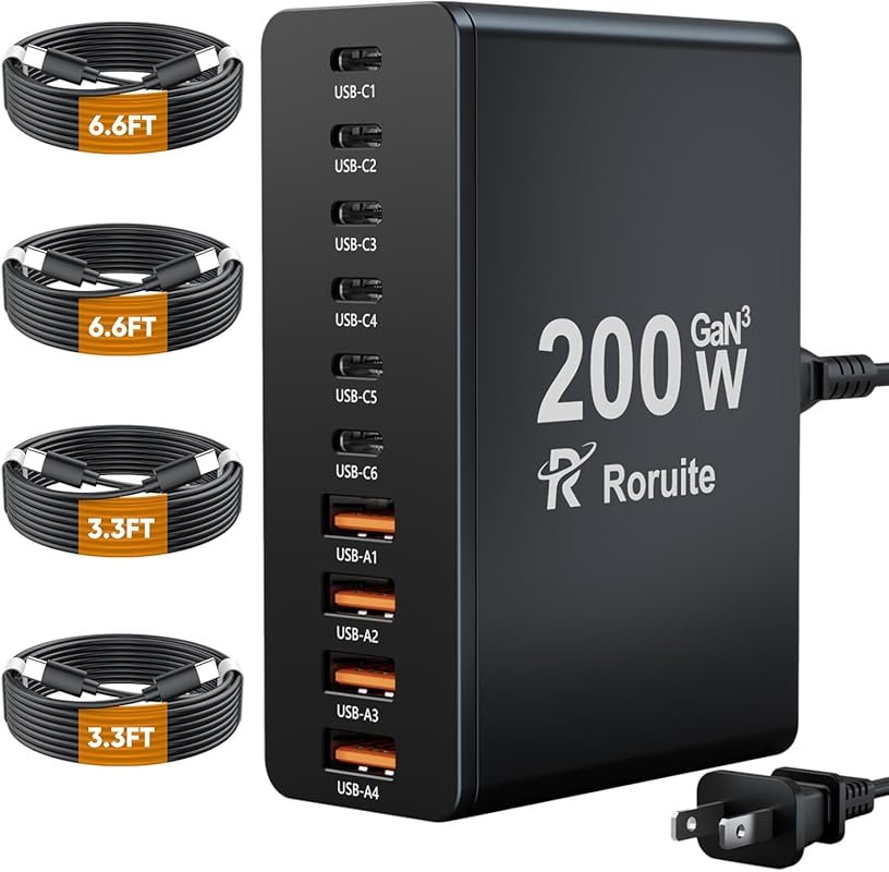 10-Port 200W GaN USB C Charging Station with 4 Cables, Power Strip Ada