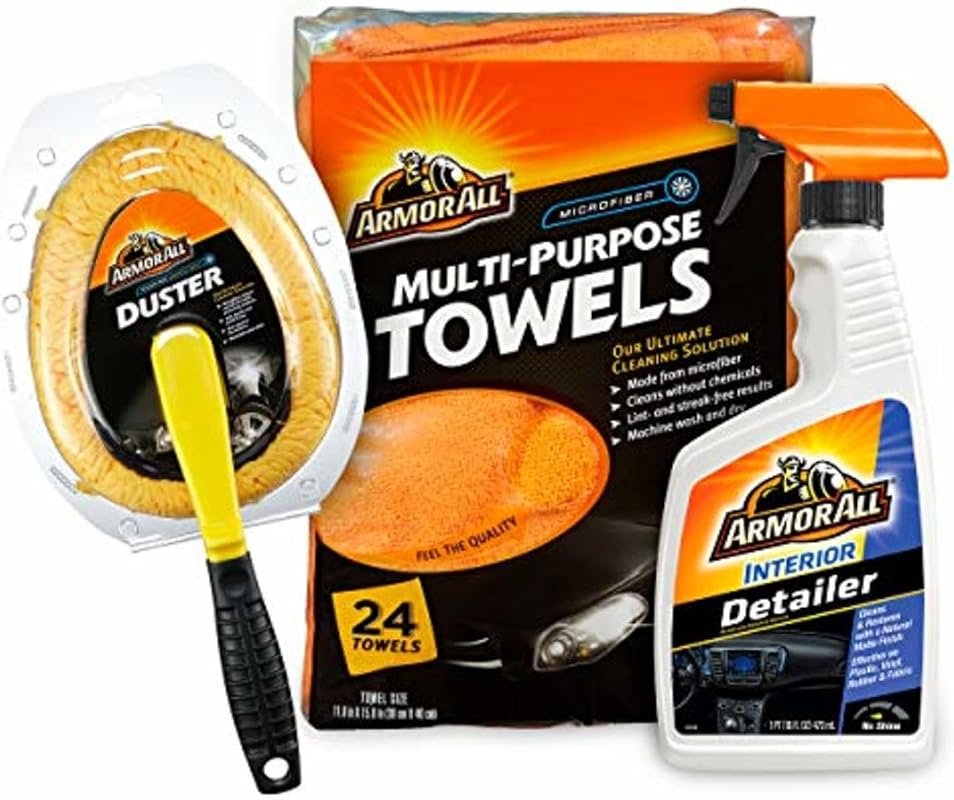 Armor All Interior Car Cleaning Kit with detailer spray, microfiber towels, and duster