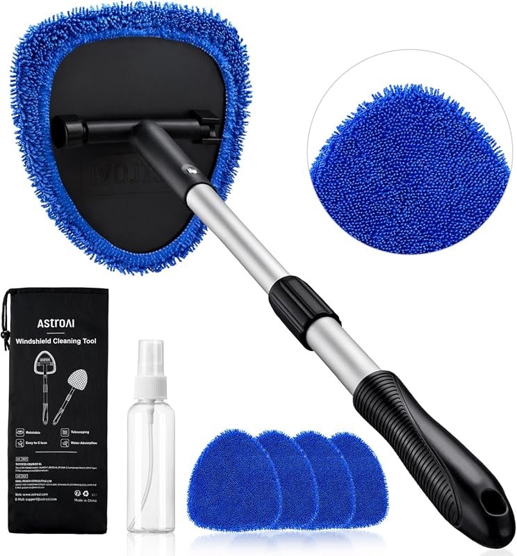 AstroAI 21-Inch Windshield Cleaner Tool, Extendable Handle with 4 Reusable Microfiber Pads