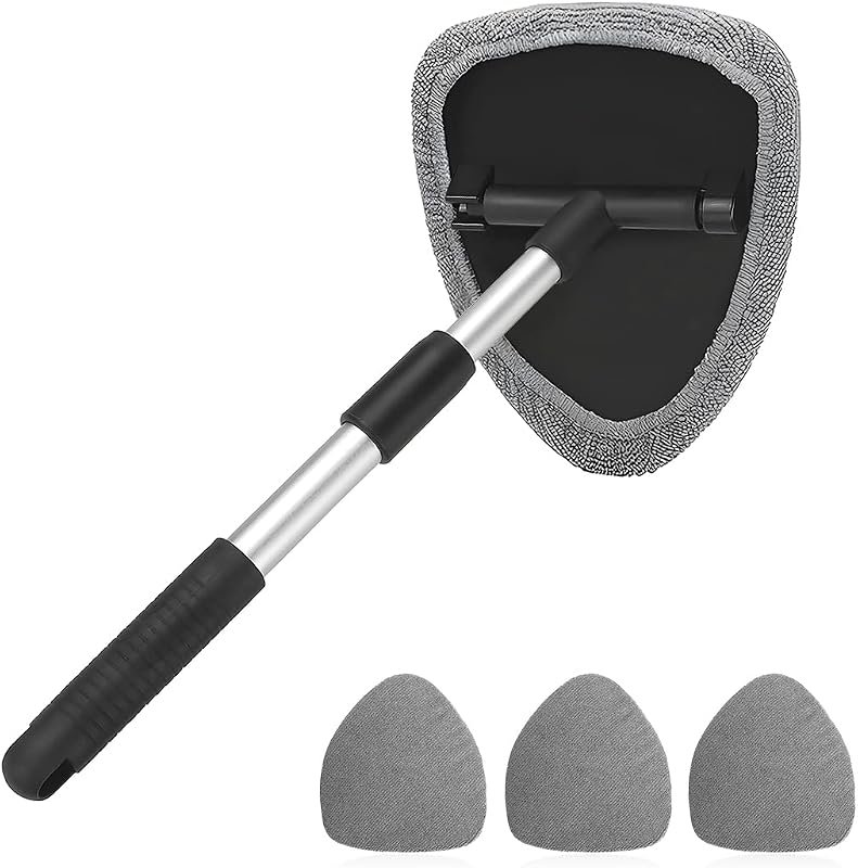 Windshield Cleaning Tool with Extendable Handle and 4 Washable Microfiber Pads