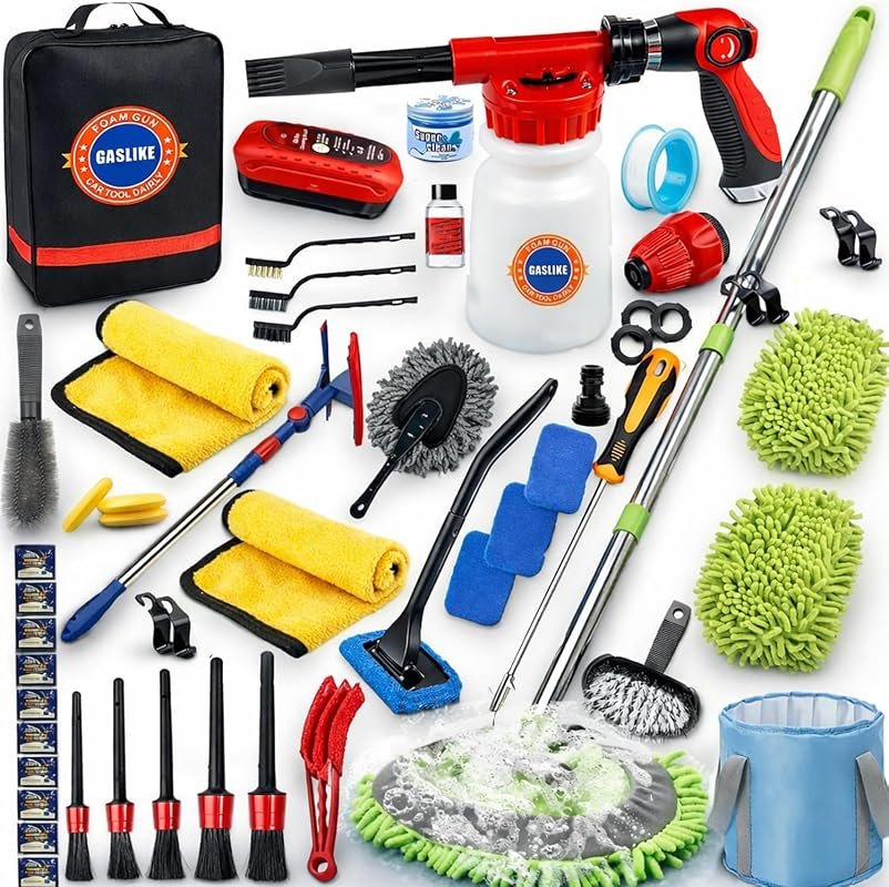 56Pcs Car Wash Cleaning Kit with Foam Gun and Long Handle Brush