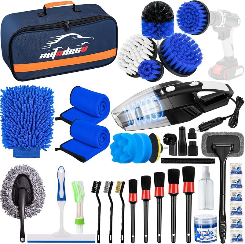 37-Piece Car Detailing Brush Set with Drill Brushes and Car Vacuum, Blue