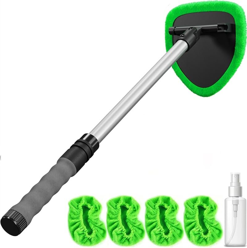 Windshield Cleaner Tool with Extendable Handle, Microfiber Pads, and Spray Bottle for Auto Glass