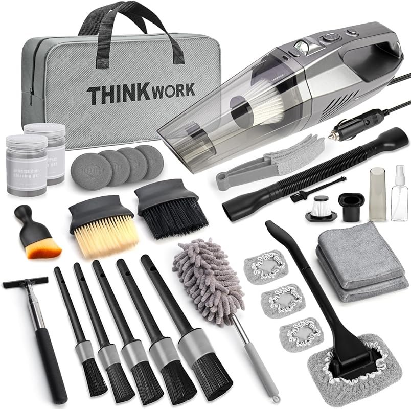 THINKWORK Car Cleaning Kit with Handheld Vacuum, 10-Piece Brush Set, Gray