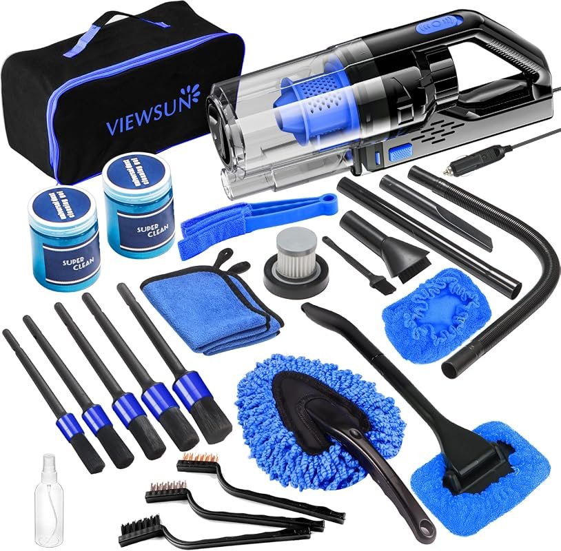 Car Interior Detailing Kit with vacuum, brushes, windshield cleaner, and cleaning gel