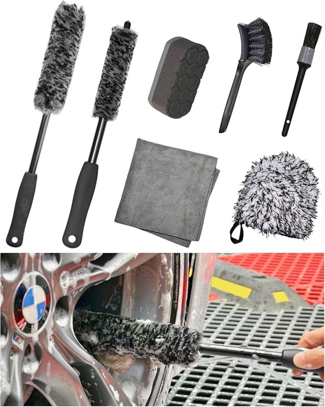 oesee 7-Piece Pro-Grade Wheel Cleaning Kit with long handle brushes