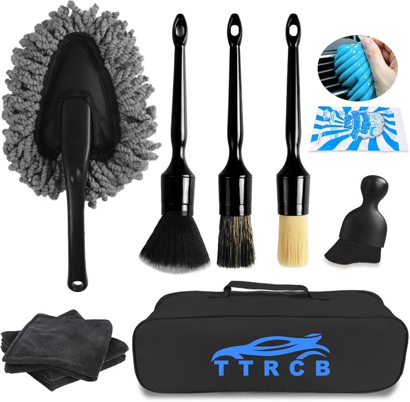 Ten-piece car detailing cleaning kit with brushes and cloths