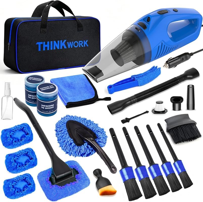 THINKWORK Car Cleaning Kit with Handheld Vacuum, Brush Sets, Windshield Cleaner, Storage Bag