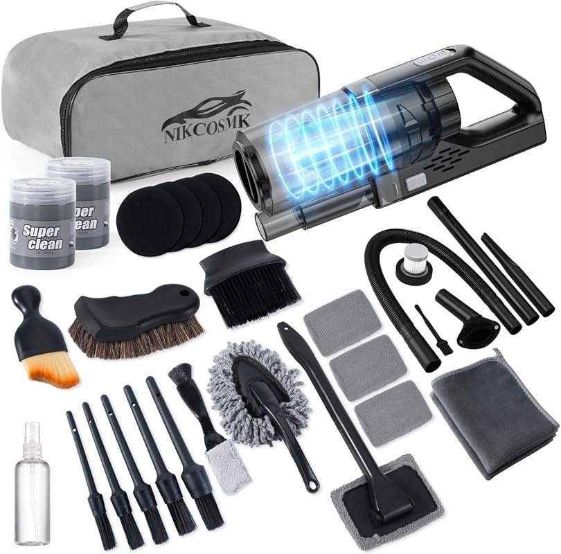 Car Detailing Kit with 8000PA Vacuum, Brushes, and Windshield Cleaner Tool