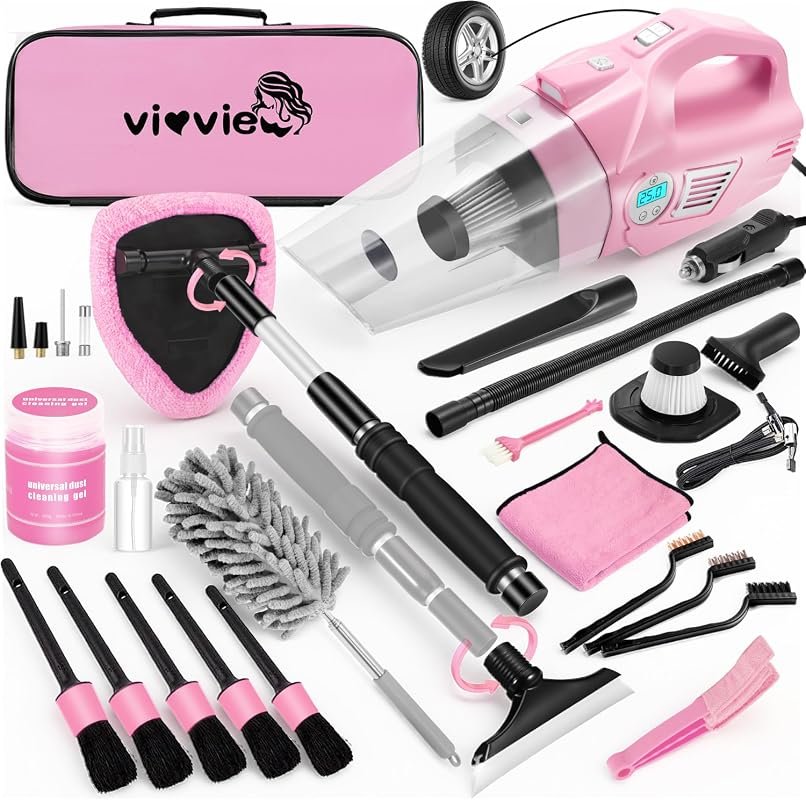 Pink Car Cleaning Kit with 25 Detailing Tools, Handheld Vacuum, and Windshield Cleaner
