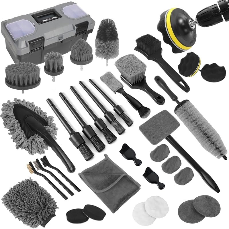 Car Detailing Kit with Brush Set, Windshield Tool, Storage Box, and Interior Exterior Wheel Accessories