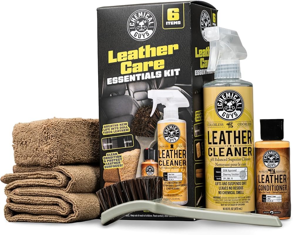 Chemical Guys 6-Piece Leather Care Kit with cleaner conditioner and accessories