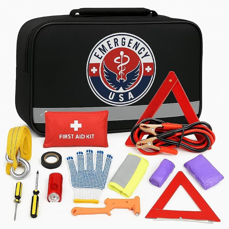 Roadside car emergency kit with safety gear and first aid supplies