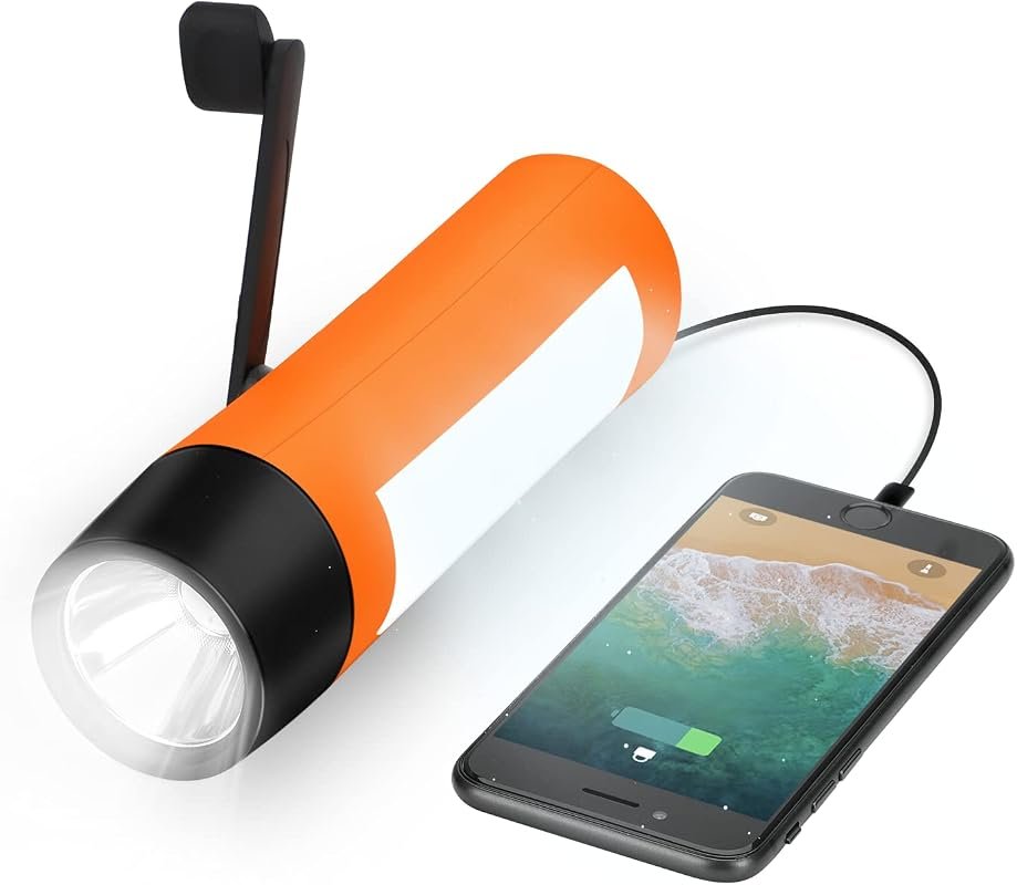 Orange rechargeable hand crank flashlight with USB phone charger