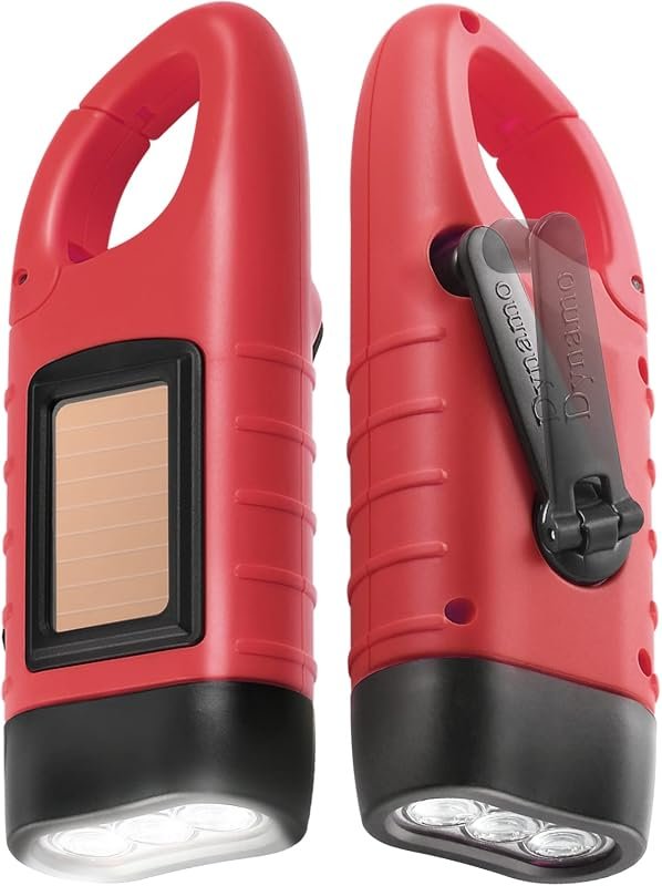 Simpeak two-pack red hand crank solar flashlights with carabiners