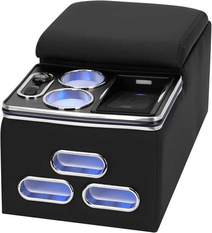 Center Console Armrest Organizer with wireless charging and cup storage