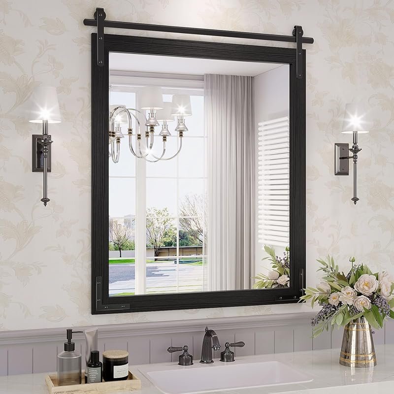 Farmhouse Bathroom Mirror with Wood Frame