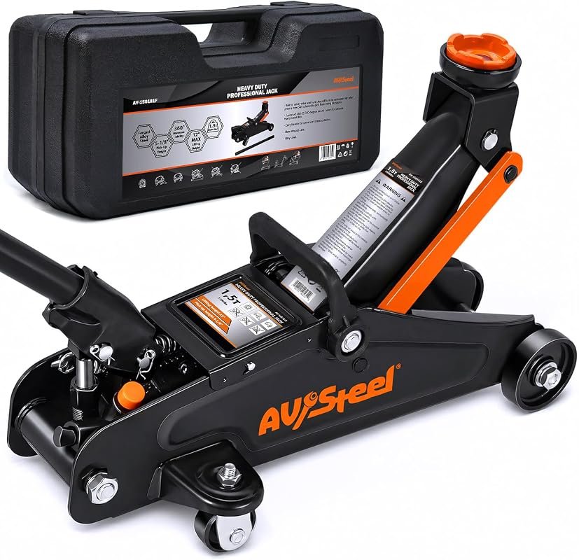 AV Steel 1.5-ton hydraulic floor jack with storage case