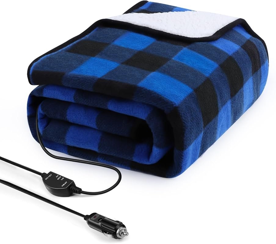 12V Heated Car Blanket with plaid fleece and long cord