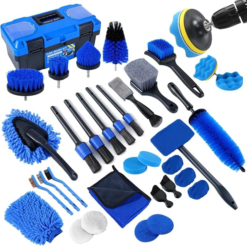 36-piece car detailing kit with brushes, glass tool, polishing pads, and storage box