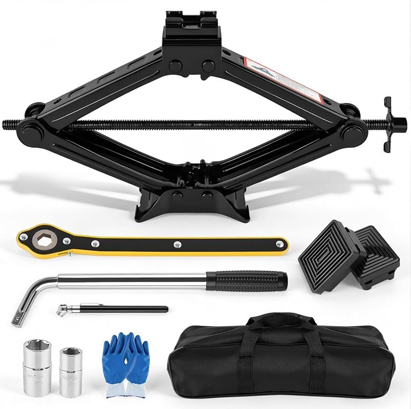 2-ton scissor car jack kit with rubber pads and tire tools