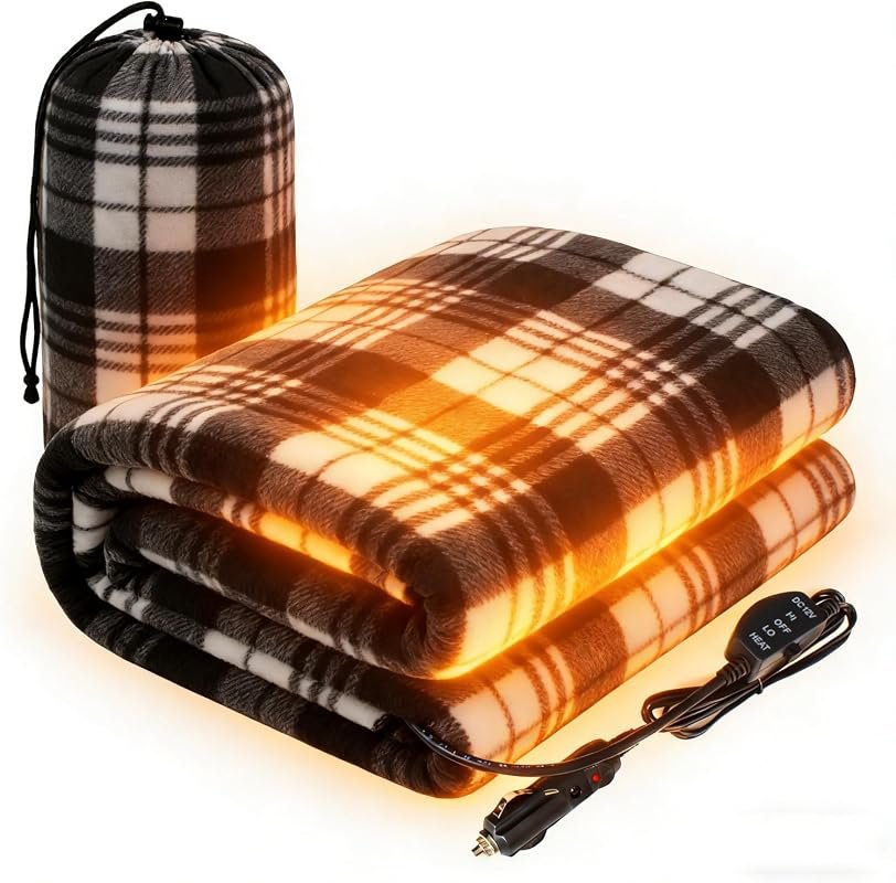 12V Car Heated Blanket with plaid fleece design