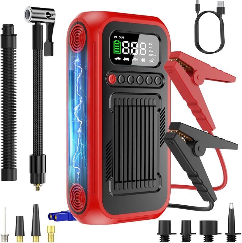 Portable 12V car jump starter with tire inflator
