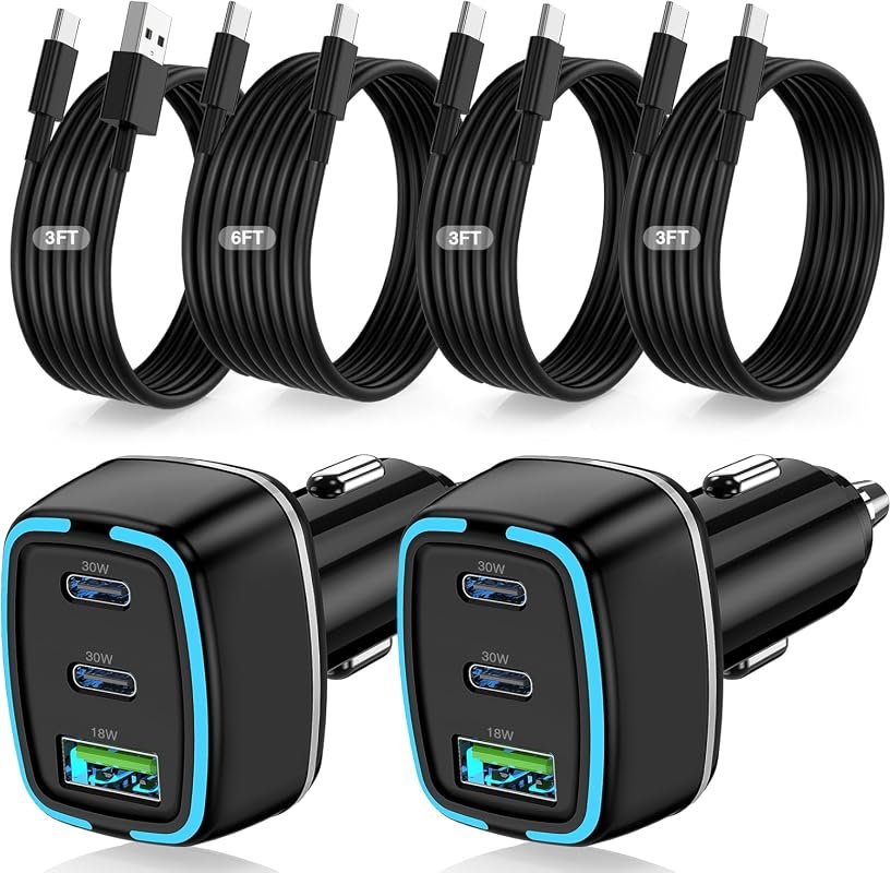 75W 3-Port USB-C Car Charger with cables