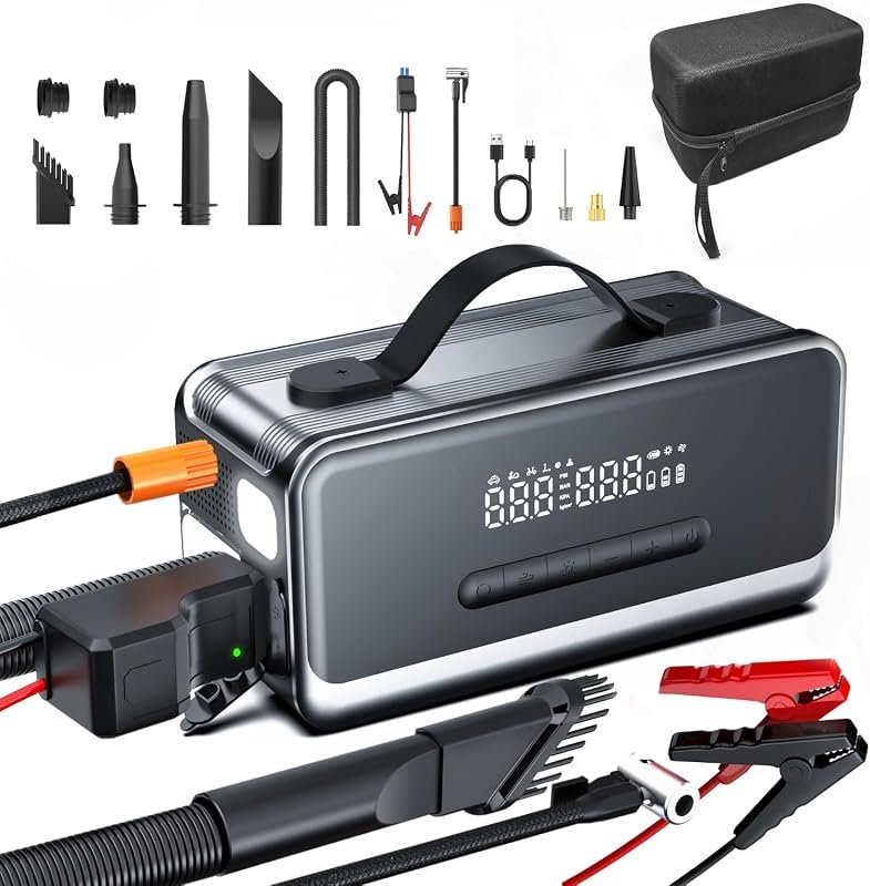 Portable tire inflator jump starter with LED light