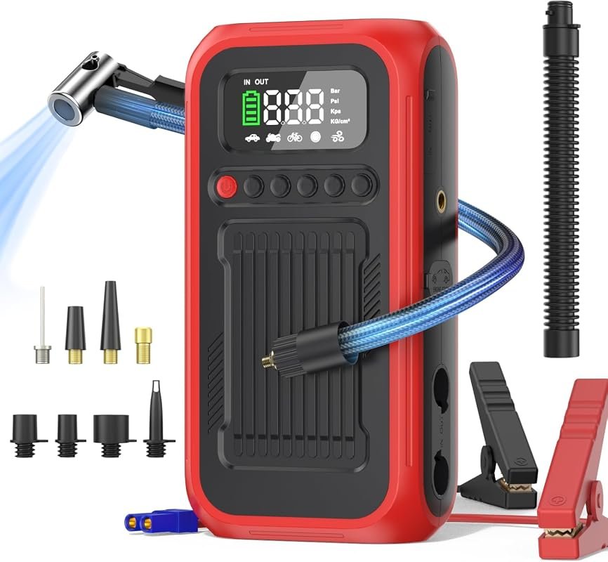 Portable 12V tire inflator and jump starter