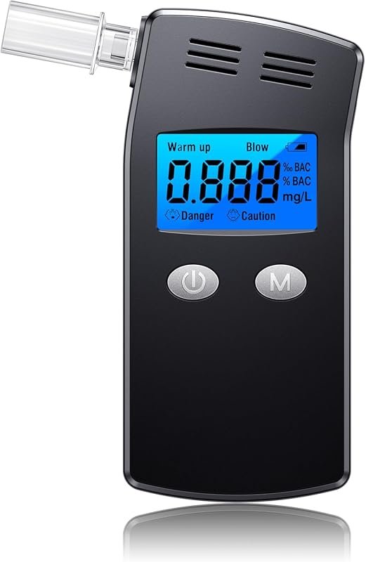 Black portable breathalyzer with blue LCD display